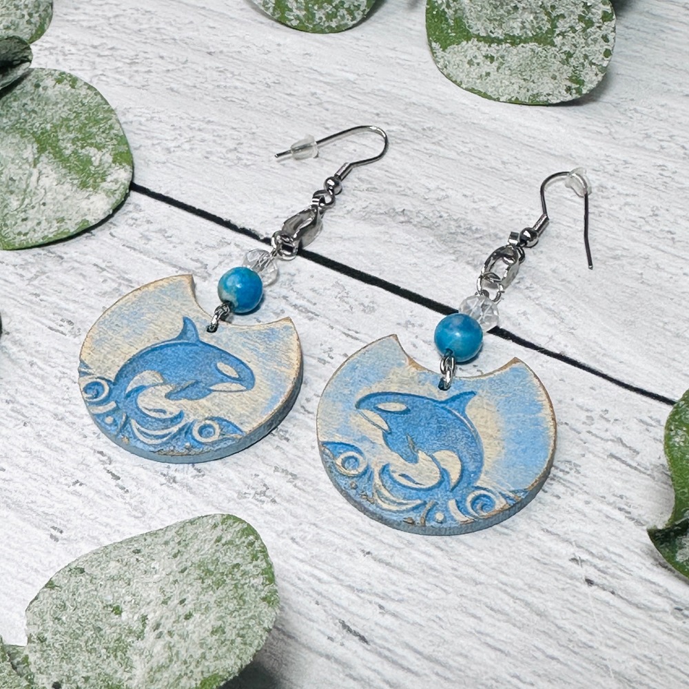 Orca Whale Ocean Wave Dangle Earrings Blue Wood Beach Coastal Handmade - Picture 7 of 7